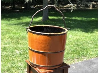 Wonderful Vintage Water Pail With All Hand Wrought Hardware - GREAT Orange Paint - Nice Decorator Piece