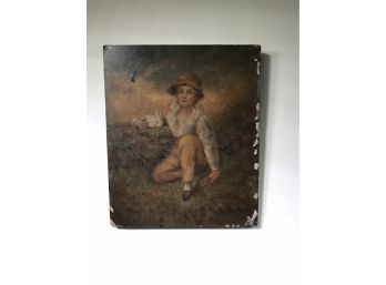 Wonderful Antique Painting On Wood Panel Of Little Boy & Bunny - Signed Melinson ? Melincom ? NICE PAINTING !