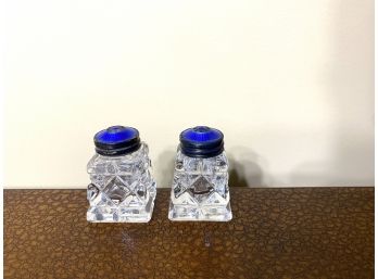 Diminutive Salt & Pepper Shakers With Cobalt Blue Tops