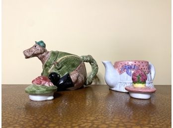 Fitz & Floyd Hippo Crab Fisherman Teapot & Table With Flowers Tepot