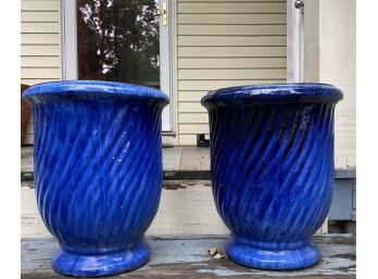 Pair - Cobalt Blue Glazed Ceramic Urn Planters