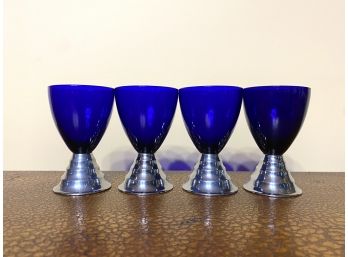 Set Of (4) Metal Base Cobalt Blue Glass Egg Cups