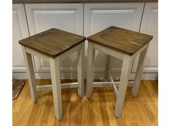 Pair - Solid Wood Contoured Seat Stools