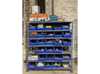 Metal Storage Shelf With All Bins & Misc Contents Pictured And In Bins