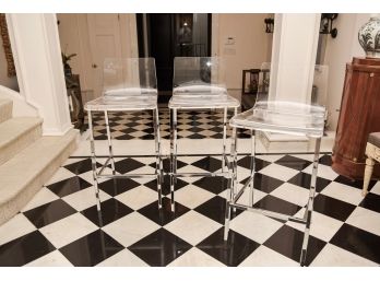 Set Of Three CB2 Chiaro Lucite And Nickel Counter Stools