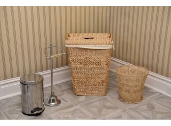 Collection Of Bathroom Essentials - Wicker Laundry Basket, Wastebaskets And Chrome Tissue Holder