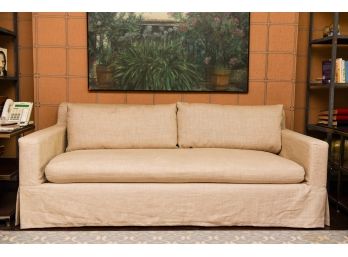 Restoration Hardware Modern Belgian Linen Single Cushion Skirted Slipcovered Sofa