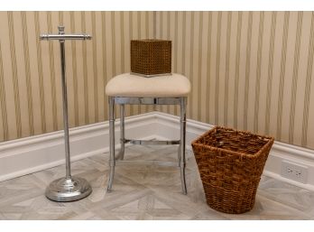 Bathroom Essentials - Hillsdale Chrome Upholstered Stool, Wicker Basket, Chrome Tissue Stand And More