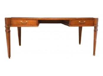 English Writing Desk With Leather Tooled Insert And Glass Top