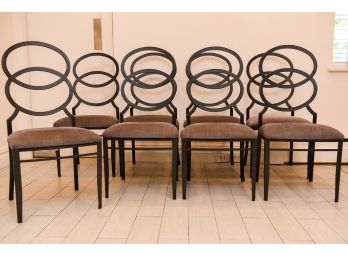 Set Of Eight Double Oval Metal Dining Chairs With Upholstered Cushion Seats