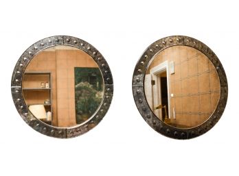 Pair Of Restoration Hardware Palazzo Antiqued-glass Round Mirrors