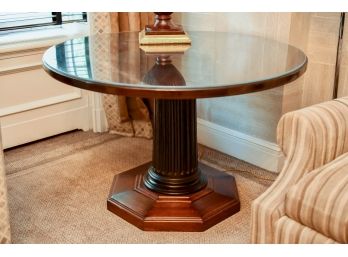 Round Ribbed Column Wood Table With Octagon Shaped Base And Glass Top