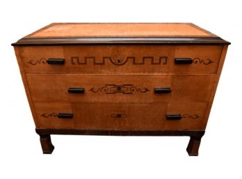 Art Deco Three Drawer Burl And Walnut Inlaid Commode