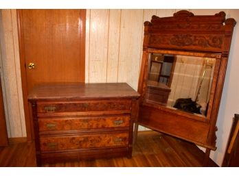 Antique Carved & Marble Top Dresser With Mirror