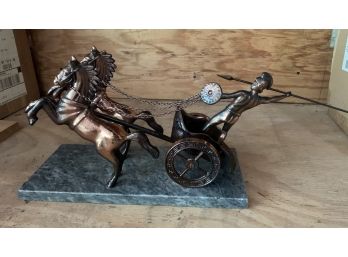 Metal Chariot Sculpture  On Marble Base