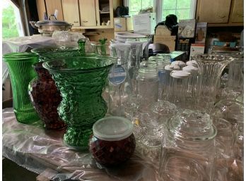 Large Group Of Clear And Colored Glass Items