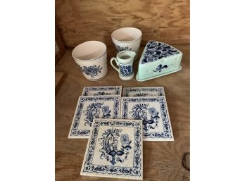 Two Hand Painted Delft Vases & Tiles, Cheese Plate & Small Pitcher