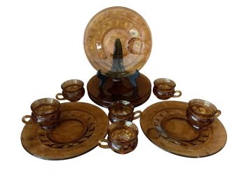 Amber Glass Plates With Cup Holder & Cups - Service For Six