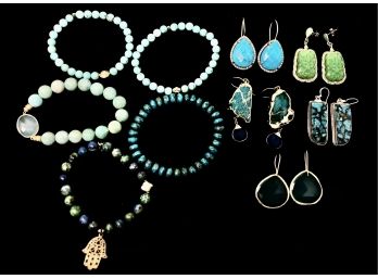 Beaded Bracelets And Drop Earrings, Blues And Greens