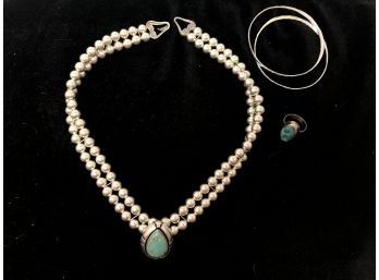 Sterling Bead Necklace With Turquoise Pendant, Ring And Bangles