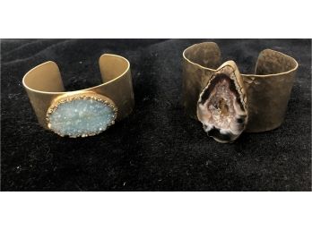 Crystal And Geode Slice Brass Cuff Bracelets