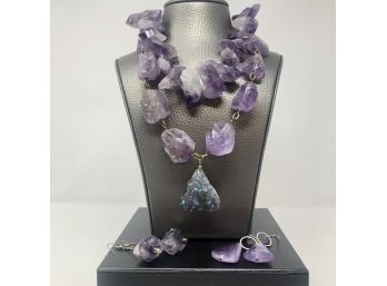 Dramatic Raw Amethyst Statement Stone Necklaces And Drop Earrings