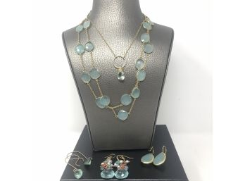 Necklaces And Earrings, Array Of Blues And Beads With Gold Tone