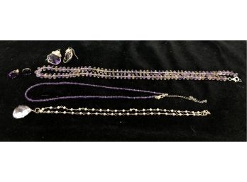 Sterling Silver Necklaces And Earrings, Rich Purples And Beads