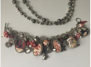 Vintage Rodeo Charm Bracelet And Beaded Sterling Necklace - 42g