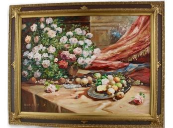 Gilt Framed Still Life ~ Fruit Canvas Oil Painting Signed Wen Gong .X
