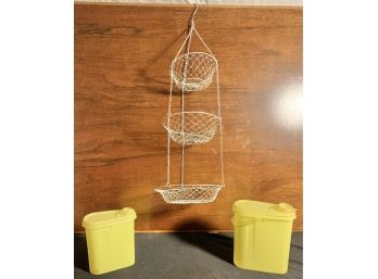 Kitchy Lot Includes A 3-tier Hanging Fruit Basket Set And 2 Yellow Tupperware Juice Containers