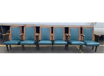 Set Of  6 Folding Wood And Padded Leather Theater Seats In Three Two-seat Sections With Two End Caps.