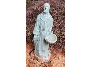 Garden Religious Statue Of Saint Francis Holding A Birds Nest & Bird While Feeding A Fawn