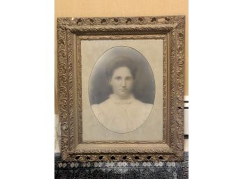 Black And White Portrait Picture Of A Young Woman In Ornate Carved Wooden Frame