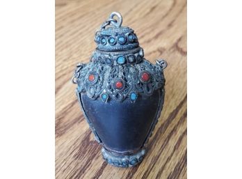 Antique Hand- Crafted Chinese Export Snuff Bottle With Red & Blue Stones & Spoon