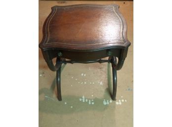 Vintage Wooden Side Table With Leather Top And Drawer