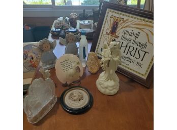 Religious Items Lot - Angel Flutist, Candle Holder, Framed Print