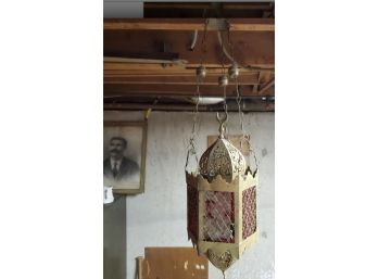 Hanging Antique Brass Lantern Light Fixture With Patterned & Colored Glass Panels