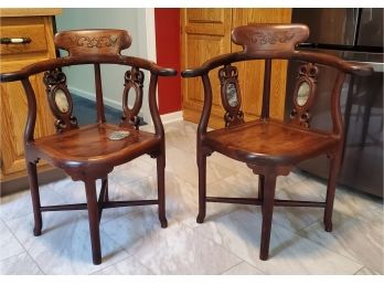 Wood Antique Diagonal Armchair Pair With Brown Stain / Nice Patina & MARBLE Inserts