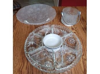 Three Glass Serving Dishes - 6 Sectional Appetizer & Dip Platter, Ice Bucket, Large Floral Platter.Glass Lot 4