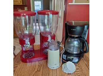 Cereal & Coffee Lot: Zevro 2- Chamber Cereal Dispenser, Electric Braun Grinder, & A Mr. Coffee