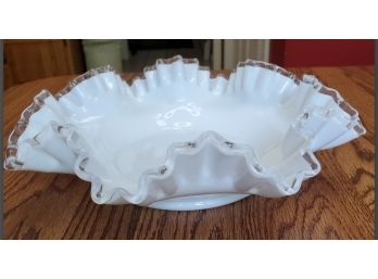 Large Fenton White & Clear Glass Ribbon Bowl