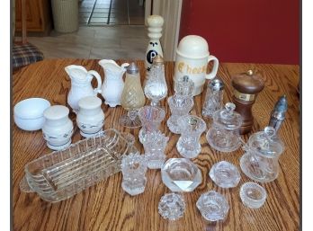 Treasure Lot Condiment Servers- Salts, Butter Dish, S & P Shakers, Mustard Servers With Spoons, Cheese Shaker