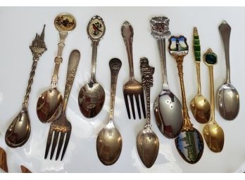 Lot Of Souvenir 8 Travel Spoons, 2 Baby Forks & 2 Gemmed Gold Toned Spoons