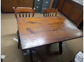 Wooden Cottage Kitchen Nook Table Or Work Table Of Knotty Pine & 2 Matching Vintage Chairs