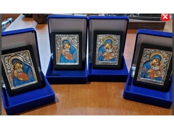 Four Beautiful Mont Athos Sterling Silver 925 Holy Mary & Baby Jesus Artworks In Original Cases