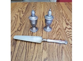 Pair Of Antique Sterling Silver Weighted Salt & Pepper Shakers & A Sterling Silver Handled Cake Server