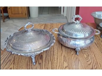 Two Vintage Ornate Silver Plate Buffet Casserole Servers With PYREX Insert Bowls