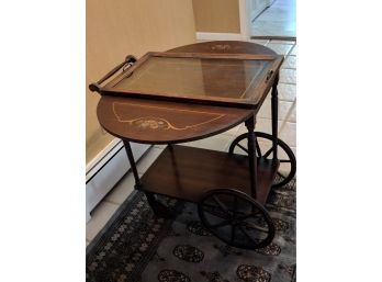 Vintage Rolling Drop Leaf Tea Service Cart / Table Of Carved & Painted Wood, W/ Removable Glass Tray Top