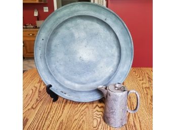 Two Antique Metal English Items: 1800s London Pewter Charger 16 5/8' Diameter & A Sheffield 1 Pint Pitcher